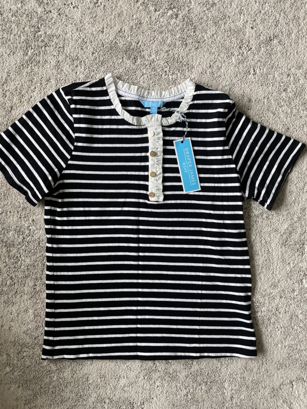 Draper James Black and White Striped Ruffle Henley Top